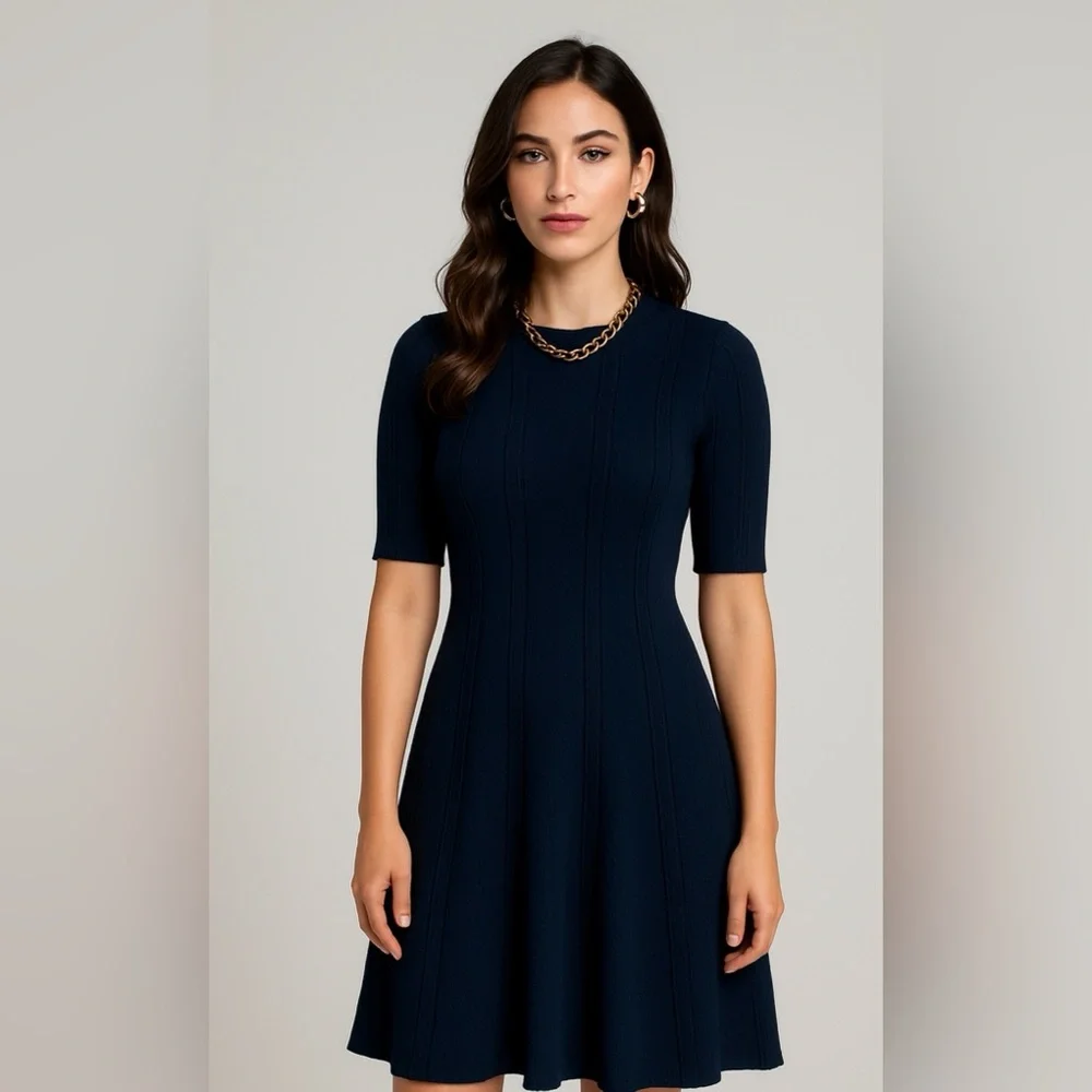 Roz & Ali Navy Blue Fit & Flare Textured Knit Sweater Dress XL